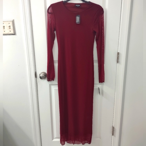 NWT Express Mesh Burgundy Crew Neck Long Sleeve Midi Dress Size S - Picture 8 of 11